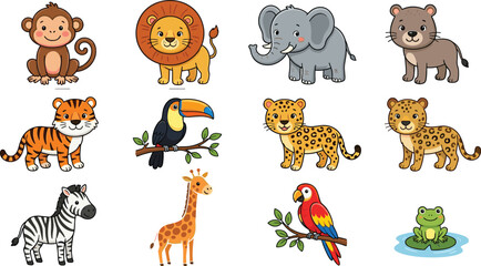Obraz premium Cute Cartoon Safari and Jungle Animal Vector Set Featuring Monkey, Lion, Elephant, Tiger, Toucan, Leopard, Zebra, Giraffe, Parrot, and Frog for Children Education and Nursery Design