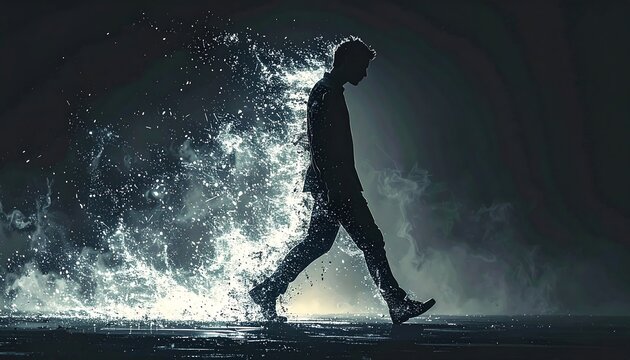 A silhouette of a man in motion, seemingly dissolving into water-like particles. Dark background adds contrast. His figure strides forward