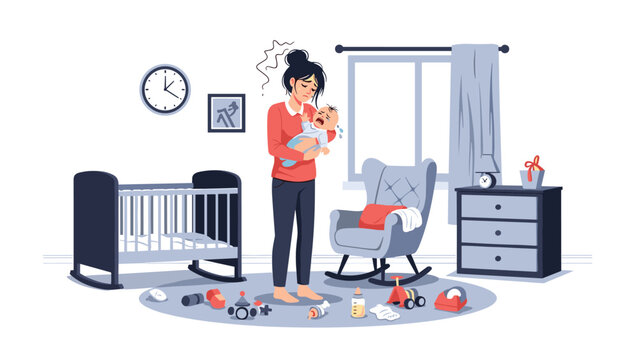 Exhausted and stressed mother tries to comfort her crying baby in a messy nursery filled with scattered toys and clutter.