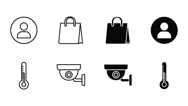 Contrasting icons depicting user, shopping, surveillance, and temperature variations