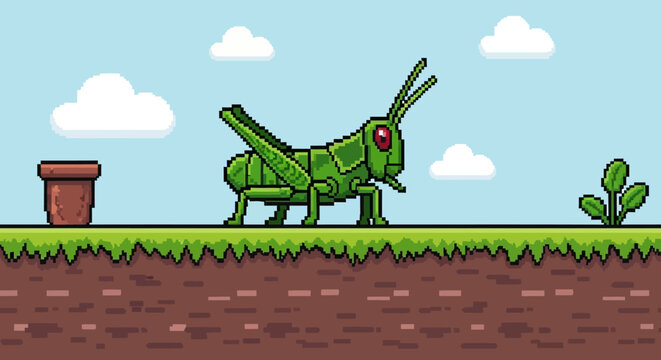 Pixel Art Grasshopper on Green Grass with Clouds and Flower Pot