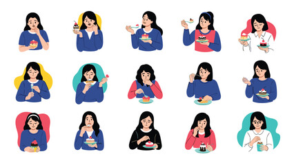 Fototapeta premium Collection of various women enjoying different types of delicious cupcakes and desserts with happy expressions.