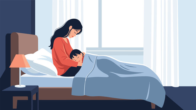 Caring mother tucking her young son into bed at night to ensure a peaceful sleep in a cozy bedroom setting.