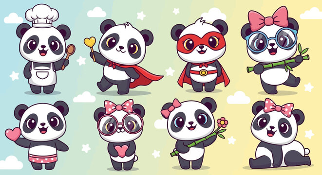 Cute Kawaii Panda Characters Collection, Adorable Animals in Various Outfits and Poses
