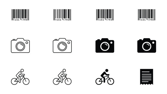 Assorted icons of barcodes, cameras, cyclists, and a document folder