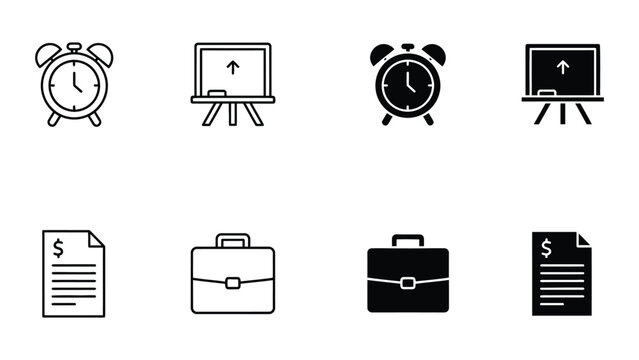 Contrast of time management, presentation, finance, and professionalism icons in light and dark versions