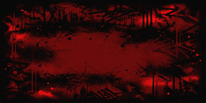 A dark aged red wall texture featuring a dirty grunge pattern with a blood splash paint design on an old textured paper backdrop