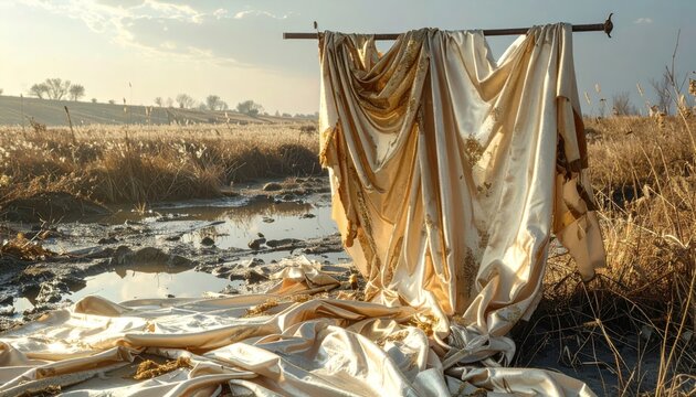 Torn Gilded Silk Surcoat with Tarnished Threads by Water