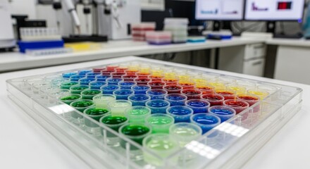 Fototapeta premium Laboratory well plate with colorful liquid samples arranged