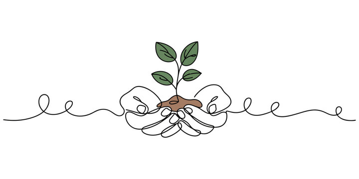 Continuous one line drawing two hands holding together a green young plant, Hand hold leaves branch continuous line drawing. Plant in human arm one line art. Vector illustration isolated on white. pro