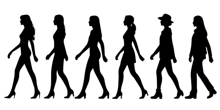 Set of silhouette. Black people on white background. Profile walking girls. Vector illustration, black female silhouettes walking and standing with backpacks woman girl, back view of a teenage girl.