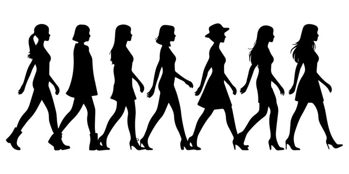 Set of silhouette. Black people on white background. Profile walking girls. Vector illustration, black female silhouettes walking and standing with backpacks woman girl, back view of a teenage girl.