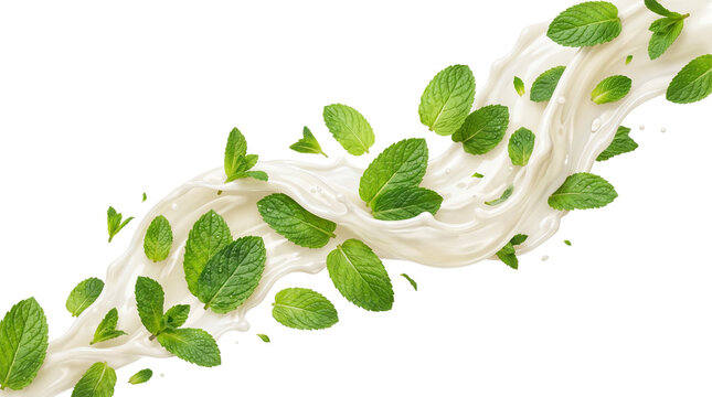 Fresh mint leaves falling in milk splash, creamy yogurt wave with green peppermint herb, organic dairy product motion for food packaging isolated PNG with Transparent Background