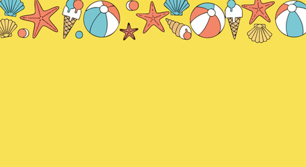 Summer Beach Elements Border. Hand-drawn Illustration. Cute Doodle Style. Yellow Background Pattern. © khafid