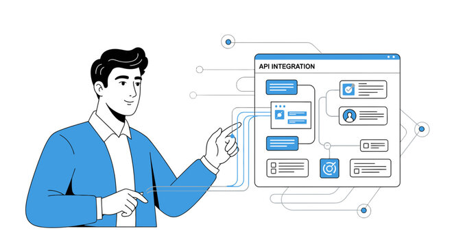 Man demonstrates API integration process with flowchart on screen