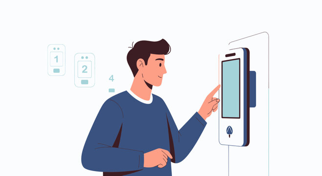 Man Interacting with Digital Kiosk, Queue Number Display