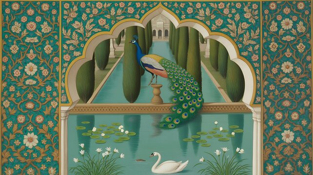 Illustration of a mughal garden with peacocks, parrots, plants, and trees, featuring a botanical landscape pattern. Mughal Garden. Illustration