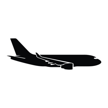 Black silhouette of an airplane, side view, white background