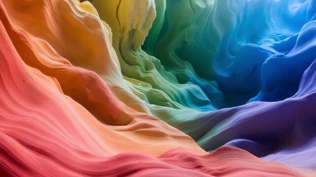 Panning shot of colorful sandstone canyon formations undulating like waves inside narrow slot canyon interior