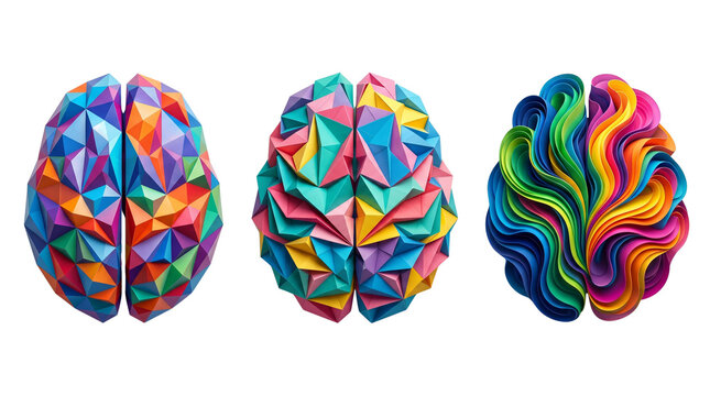 Colorful abstract human brain set, low poly and paper craft brain models, vibrant rainbow anatomical mind illustrations for mental health isolated PNG with Transparent Background