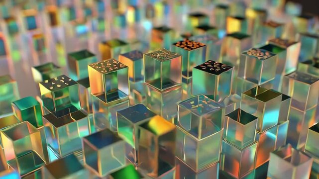 Slow tracking dolly shot of glass cubes rotating and rising on abstract tabletop studio surface with iridescent reflections