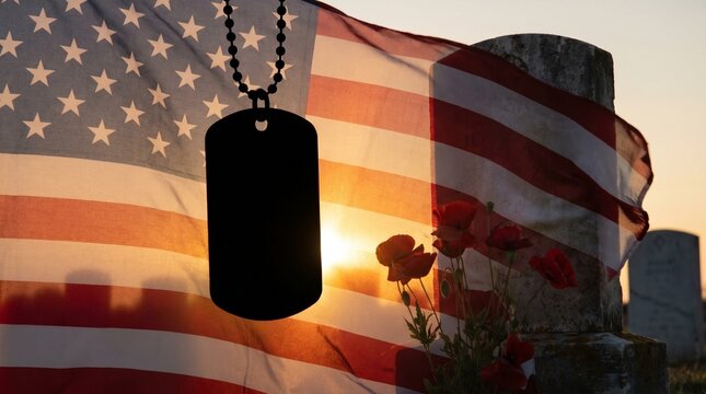 Silhouette of military dog tags against an American flag and cemetery tombstones at sunset.