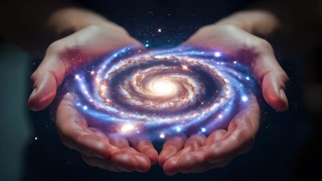 Slow motion tracking shot of hands cradling swirling spiral galaxy while holding glowing stars in dark studio setting