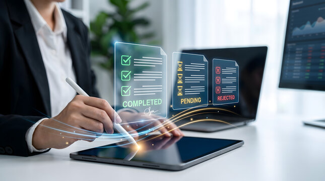 Electronic document management system concept. Business person using tablet with virtual screen showing completed, pending, and rejected approval process.