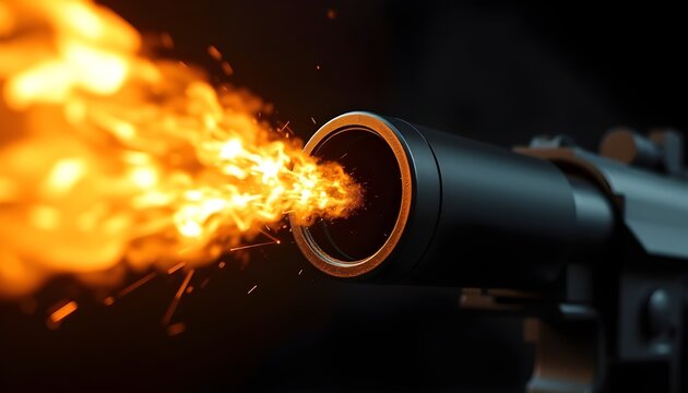 Close-Up Muzzle Flash. Extreme close up 3D render of gun muzzle flash, sparks and flame, dark background, ultra detailed, high speed photography style