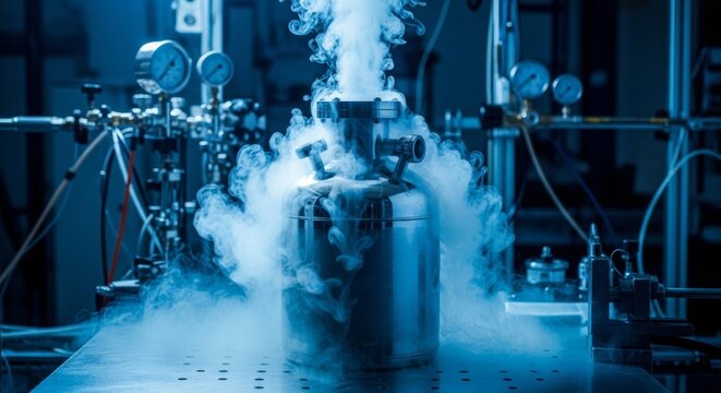 Liquid Nitrogen Dewar Flask Emitting Vapor