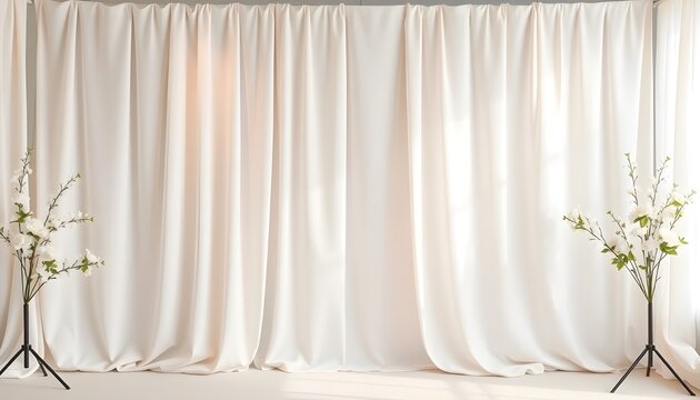 Clean modern photobooth backdrop in neutral colors, soft fabric draping, gentle uplighting, minimal floral accents, high-end contemporary design 2