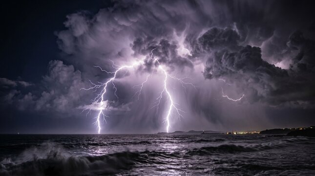 Lightning storm over ocean waves with dramatic thundercloud atmosphere and powerful rainfall for weather disaster