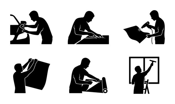 Set of 6 Silhouette Icons for Window Tinting and Film Application Services Vector