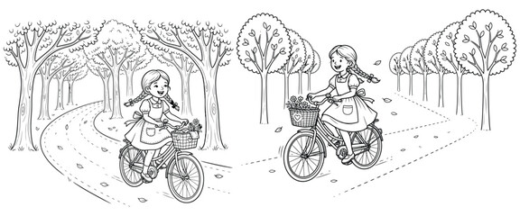 Obraz premium Bicycle riding scene in park with happy girl cycling along tree lined path illustration showing leisurely outdoor activity childhood joy active lifestyle.