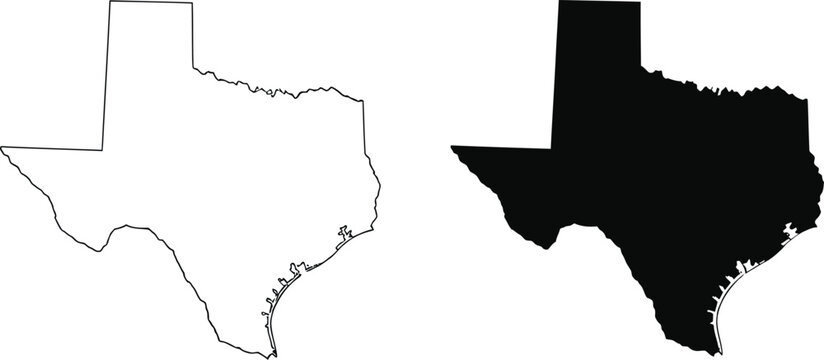 Texas state map outline and solid silhouette shapes Vector