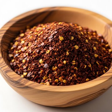 Crushed red pepper flakes and chili seeds in a small wooden bowl. aleppo pepper flakes