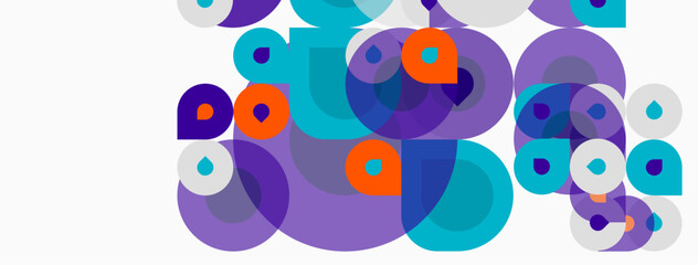 Fototapeta premium Abstract composition featuring overlapping circles, varying sizes, purple, turquoise, orange hues. Minimalist design, clean aesthetic.