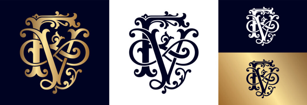 Monogram fv elegant ornate alphabet letter logo vintage classic decorative emblem.