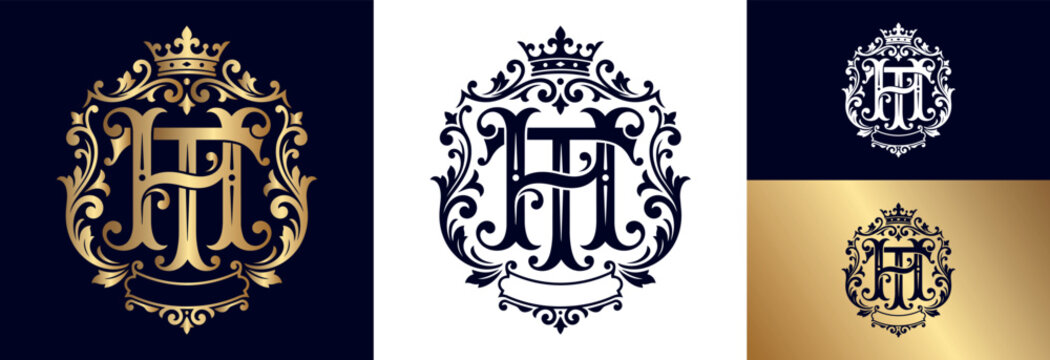 HT monogram ornate gold letters royal emblem with crown on dark blue.
