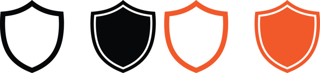 Set of four different shield icons in black and orange outline and solid styles Vector © JESMIN