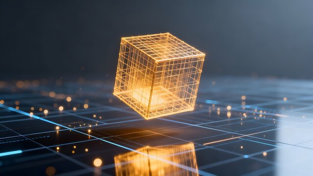 Golden wireframe cube on reflective surface