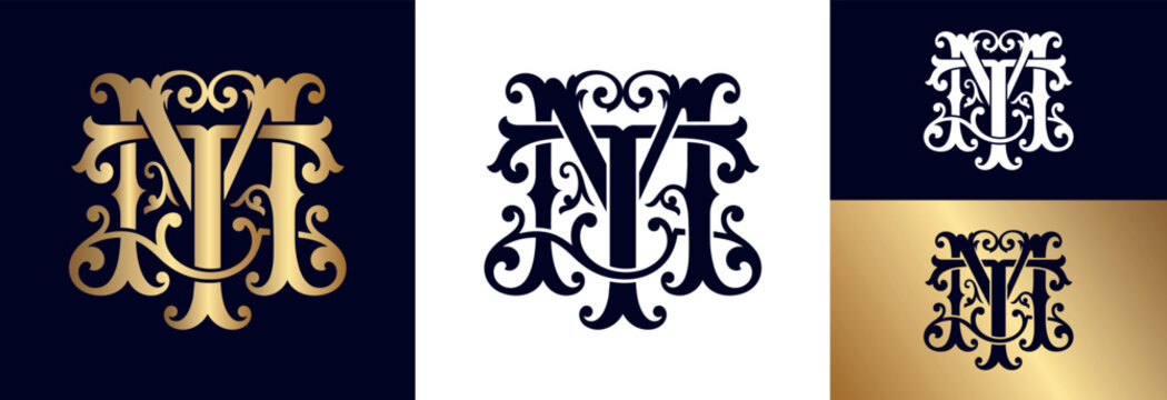 Elegant monogram letters M and T intertwined, vintage luxury emblem design.