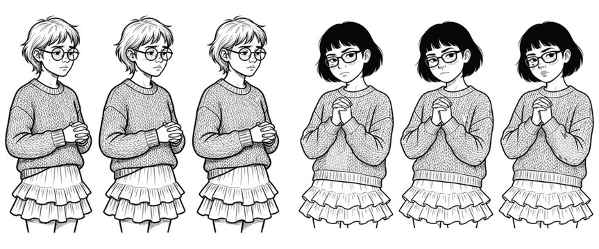 Anime style character design sheet featuring two girls in knit sweaters and layered skirts showing various expressions and poses on white background.