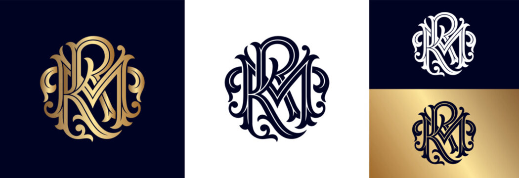 Luxurious monogram RM letters combined, vintage ornate emblem for exclusive branding.
