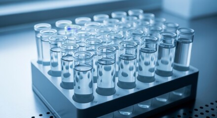 Obraz premium Numerous Laboratory Microfuge Tubes Filled with Liquid in Rack