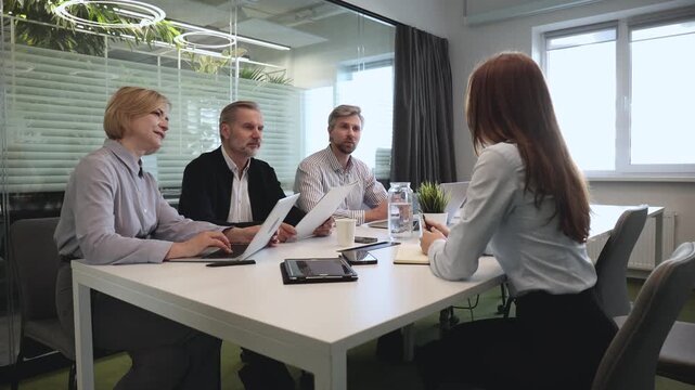 Job interview. HR asking potential candidate about skills.
