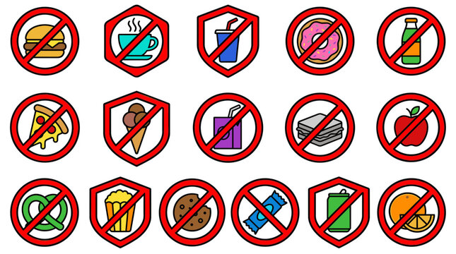 Prohibited Food and Beverage Warning Vector Icon Set Featuring No Burger, No Soda, No Pizza, No Candy, and Restricted Snack Symbols