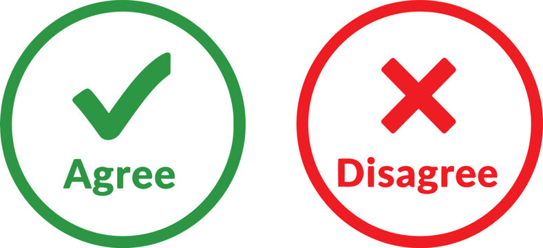 Agree and disagree buttons with green check mark and red cross icons Vector