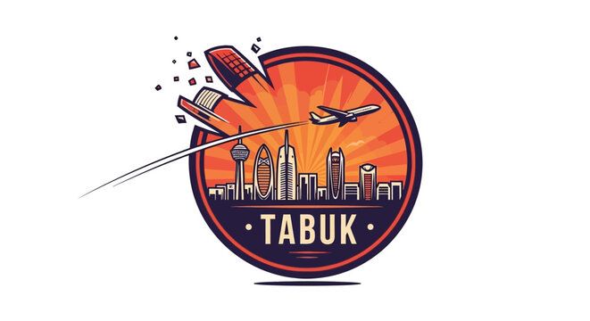 Tabuk City Logo Depicting Airplane and City Skyline Design.