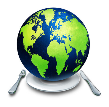Global Food Crisis concept featuring planet Earth on a place setting as an international hunger rising food prices crop shortages famine poverty food insecurity and the global impact of agricultural a